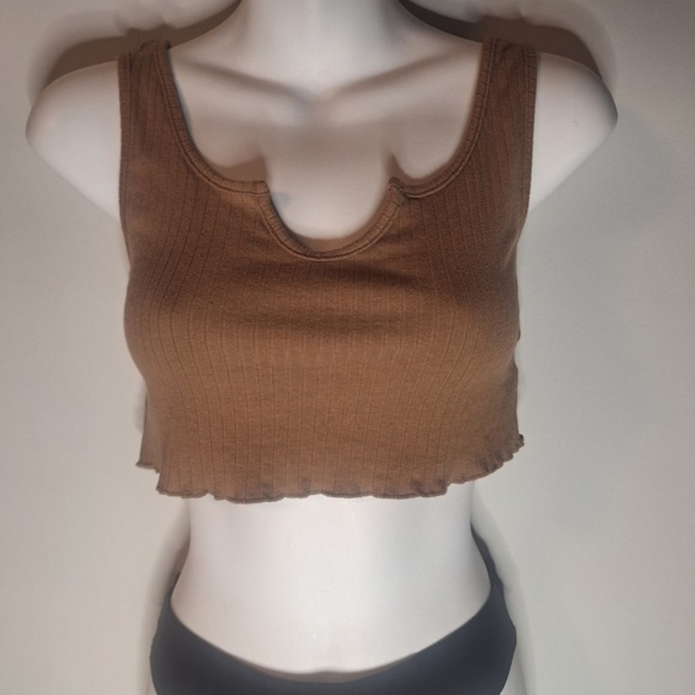 SHEIN Brown Ribbed‎ Knit Crop Tank Top Scoop Neck Lettuce Edge Size Medium